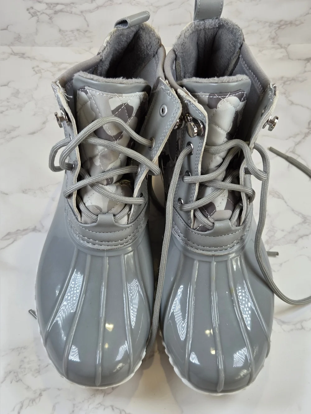 Women's Grey Quilted Duck Boot Lace-Up Ankle Boots(B15)